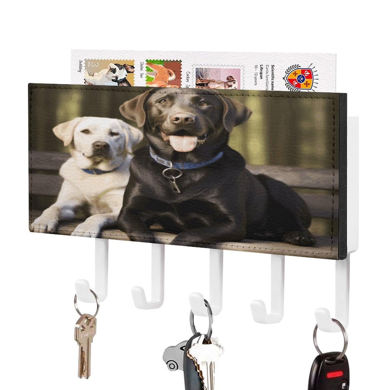 Fekiloot White-Style Labrador Key Holder Wall Mount Key And Mail Holder Key Hanger With 5 Hooks Decorative Pu Key Rack Hanging Key Hooks For Wall Living Room Kitchen Bathroom Hallway