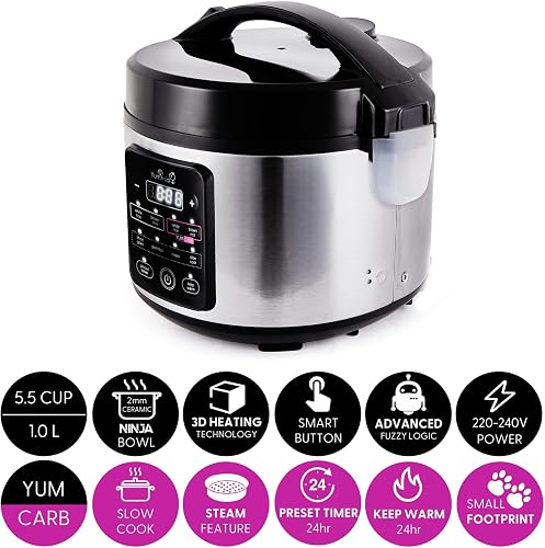 Yum Asia Kumo YumCarb Cuociriso con ciotola in ceramica e logica fuzzy avanzata, (5,5 tazze, 1 litro), 5 funzioni di cottura del riso, 3 funzioni di cottura multipla,) 220-240V - 3