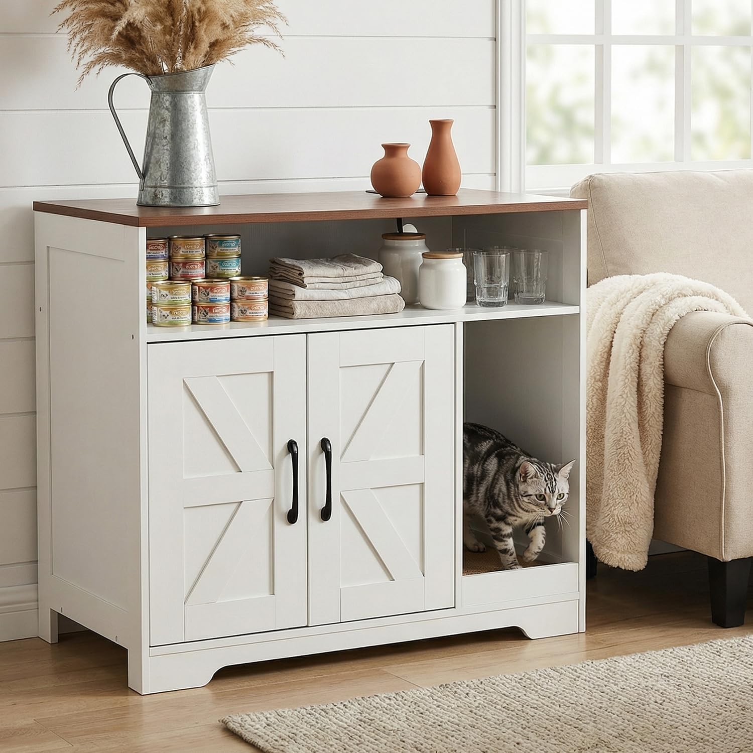 Cat Litter Box Enclosure Furniture with 2-Tier Storage, Hidden Cat Litter Box Cabinet with Scratch Pad & Charging Station, Dog-Proof Design, Farmhouse Style for Living Room, Hallway, White