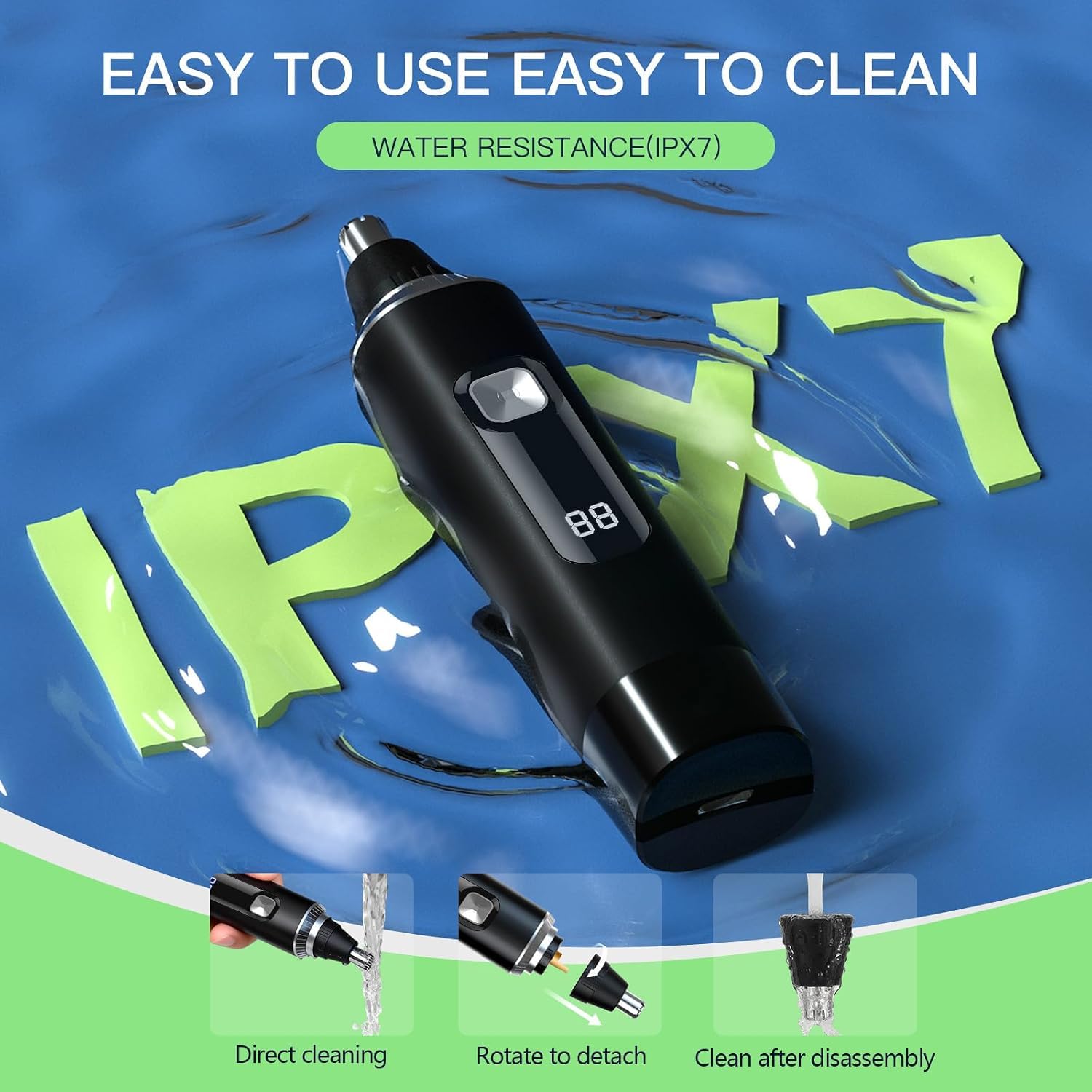 Ginity Nasenhaartrimmer für Männer, 2-in-1 wiederaufladbarer Ohr- und Nasenhaarschneider mit LED-Anzeige, IPX7 wasserdicht, schmerzlos, Präzisions-Groomer, Typ-C-Aufladung (Schwarz)