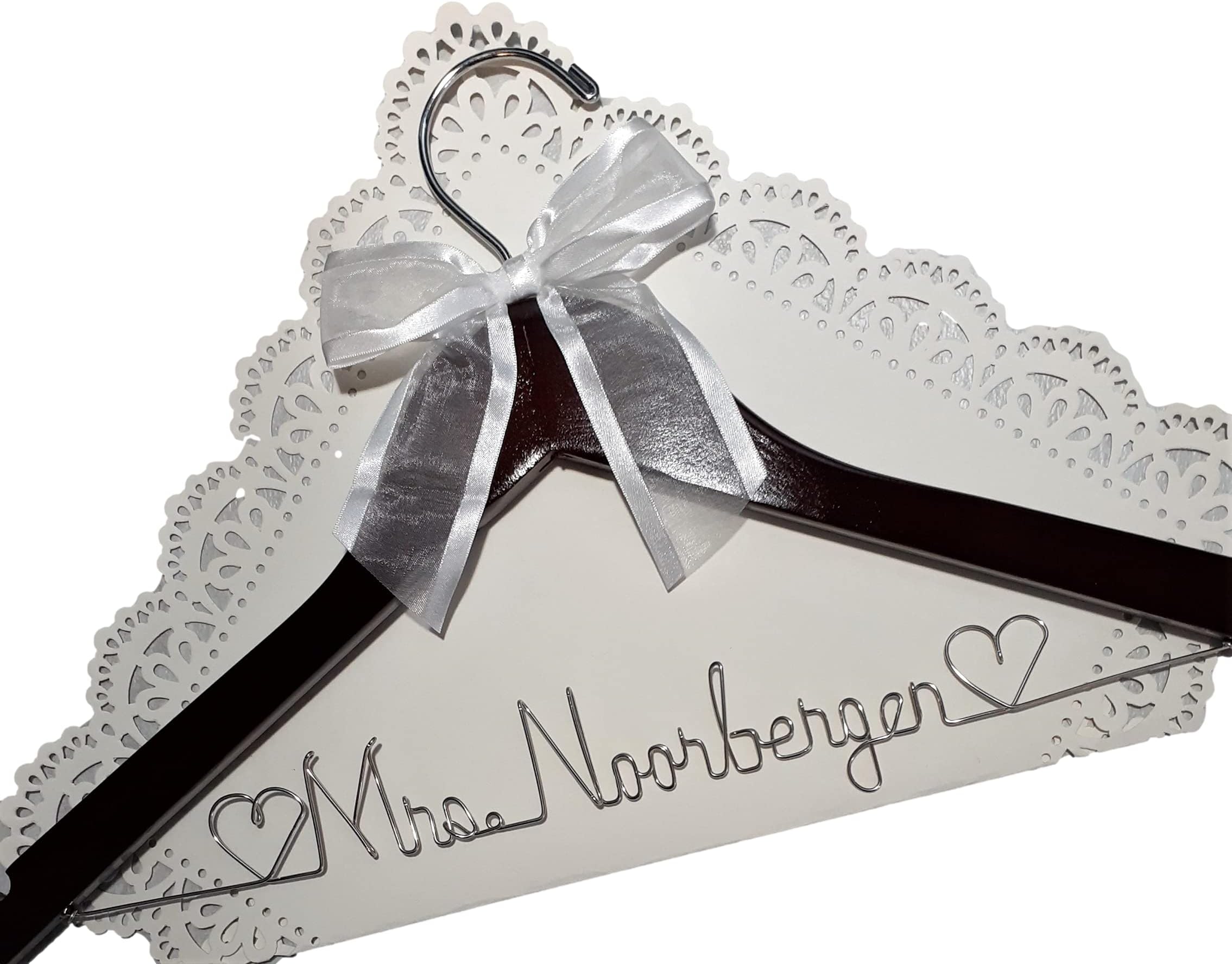 Wedding Dress Hanger Personalized with Bride's Name Choice of 9 Bow Colors Silver Copper Wire on a Dark Wood Hanger with Notches. Bridal Bridesmaid Gift, Wedding Shower Gift, Graduation Gown