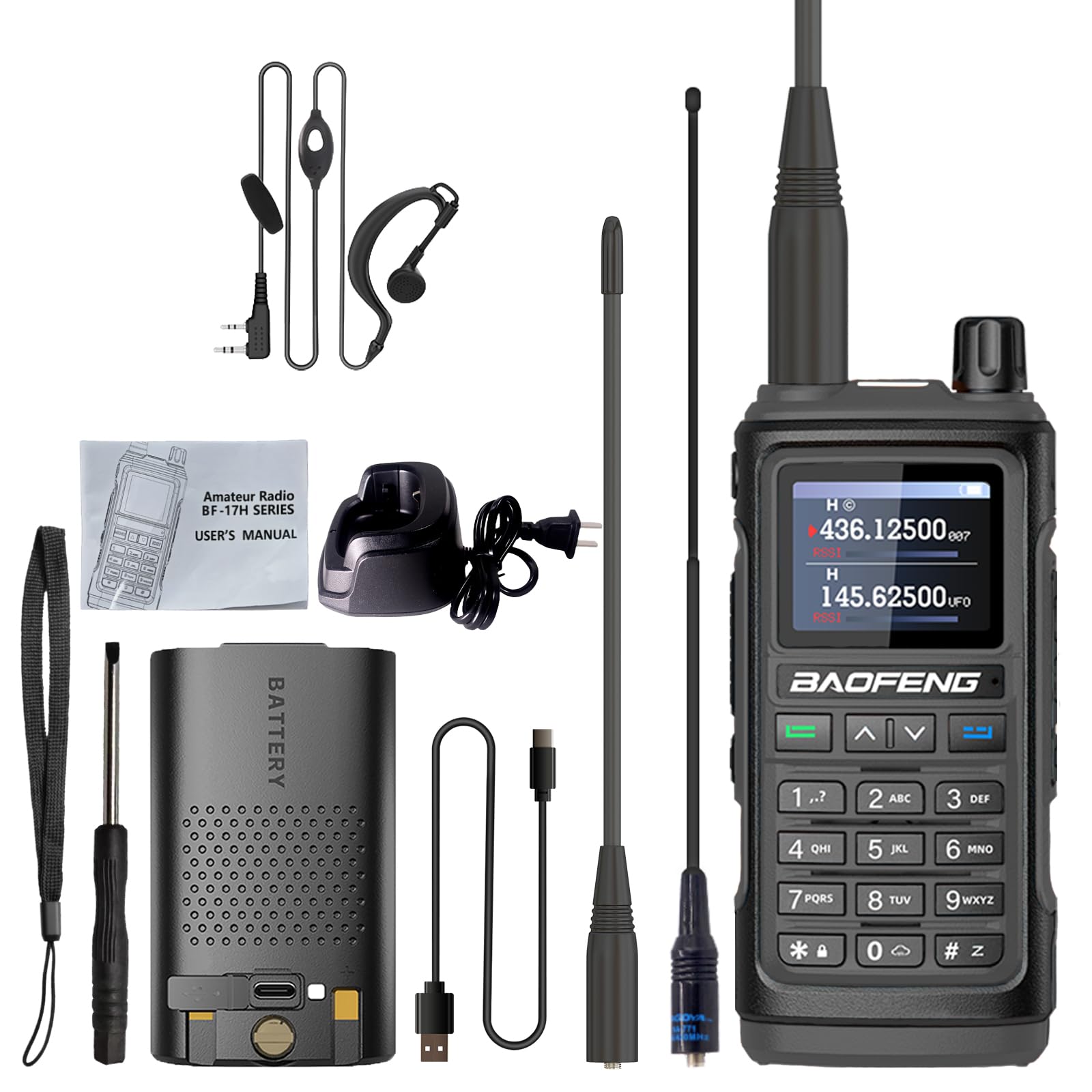 BAOFENG UV-17H GPS Two Way Radio Type-C Charging High Power Radio UV-17 Pro Max GPS 1.77in LCD Screen Rechargable Ham Radio (Black)