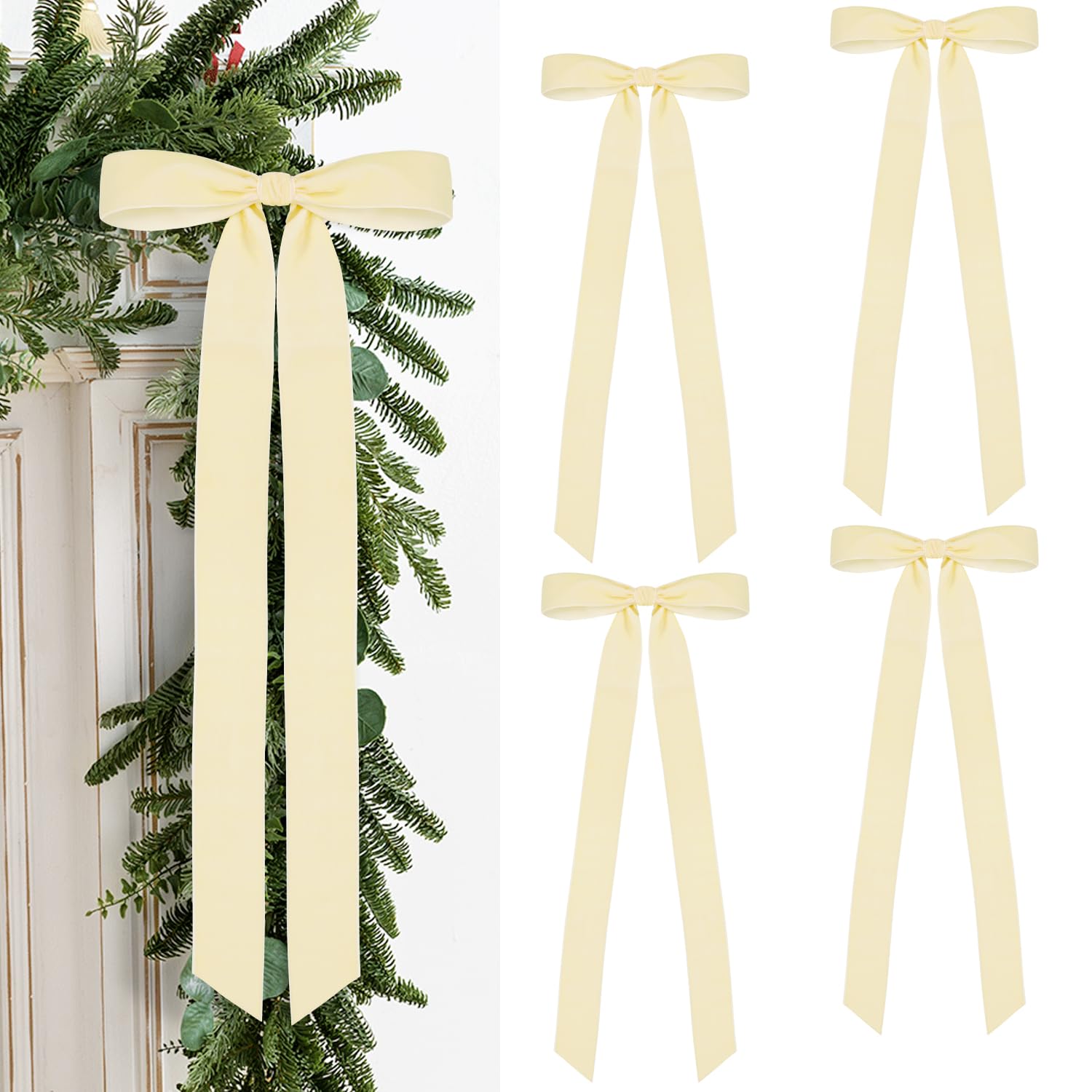4 Pcs Rustic Large Christmas Velvet Bows Decorations - 23.6 x 8.66 Inch Vintage Ribbon Bow for Xmas Tree Topper Wreath Garland Fireplace Staircase Home Decor (Cream White)