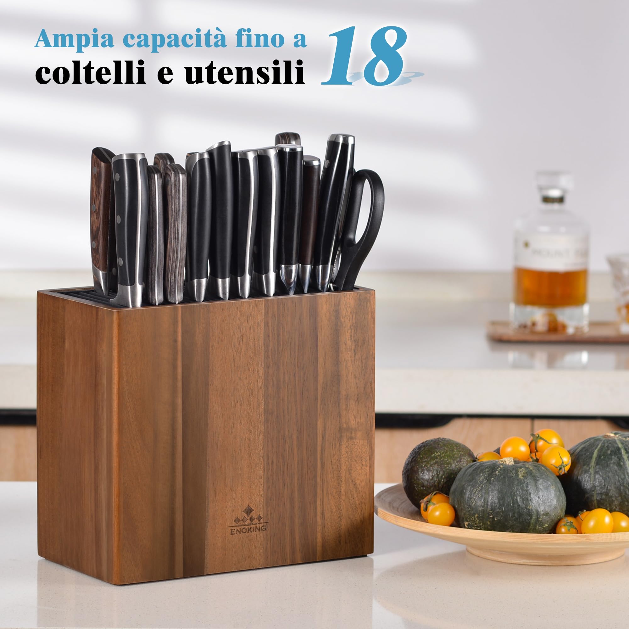 ENOKING Porta Coltelli Cucina in Legno di Acacia, Portacoltelli da Cucina Universale Con coperchio in Plastica, Ceppo Coltelli Vuoto di Alta Qualità per Coltelli/Bastoncini per Affilare