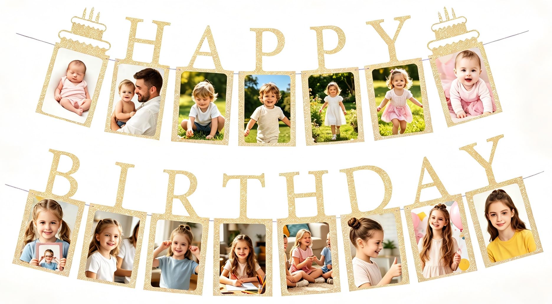 Champagne Gold Birthday Photo Banner Picture Milestone Bunting Props for Boys Girls Women Men