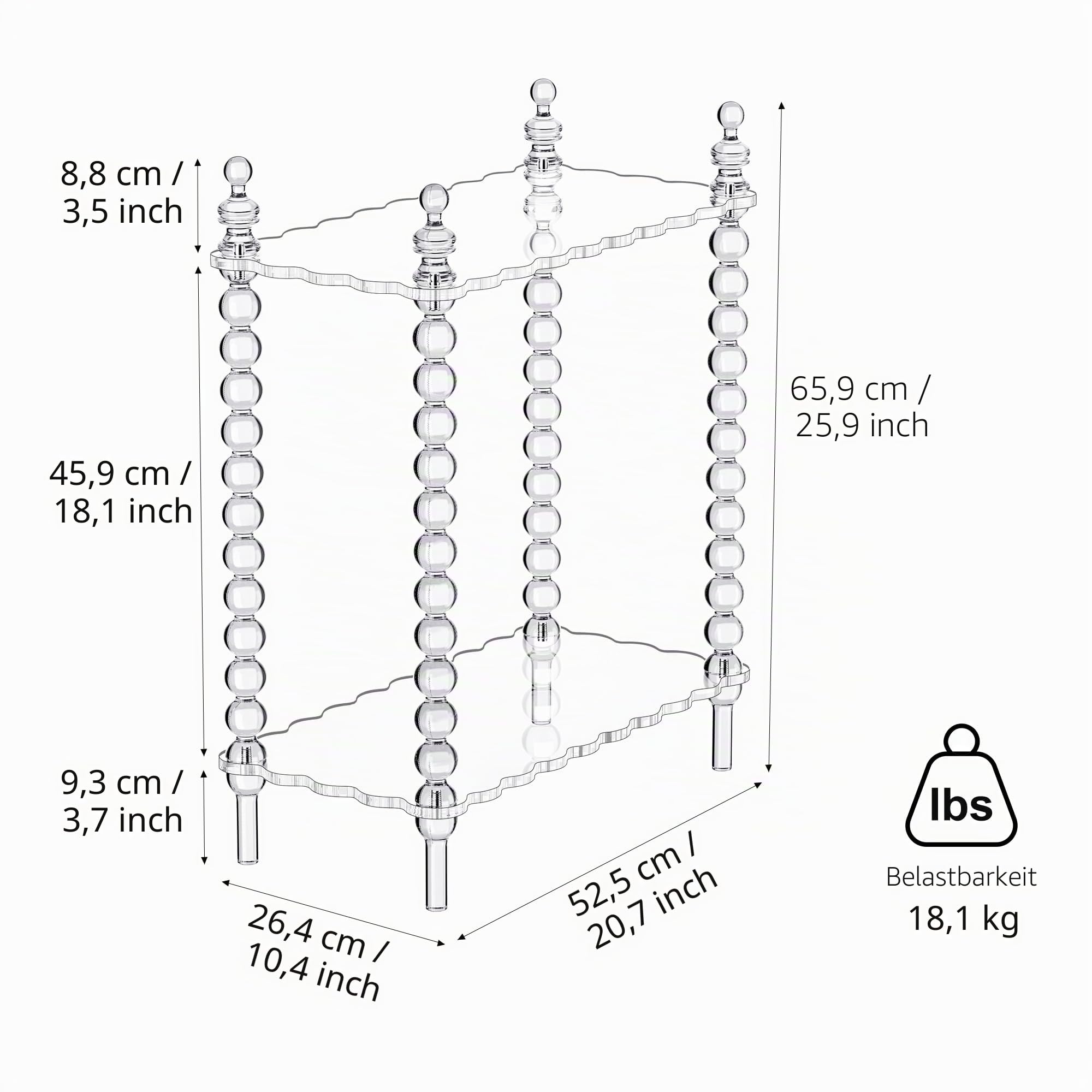 Acryl Beistelltisch 2-stöckig, transparenter Nachttisch mit Stauraum, schmaler Beistelltisch für Bett & kleine Räume (Transparent, 52.5×26.4×65.9 cm)