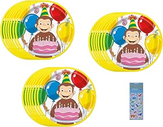 Unique Curious George Birthday Party Supplies Bundle includes 24 Lunch Paper Plates and 1 Dinosaur Sticker Sheet