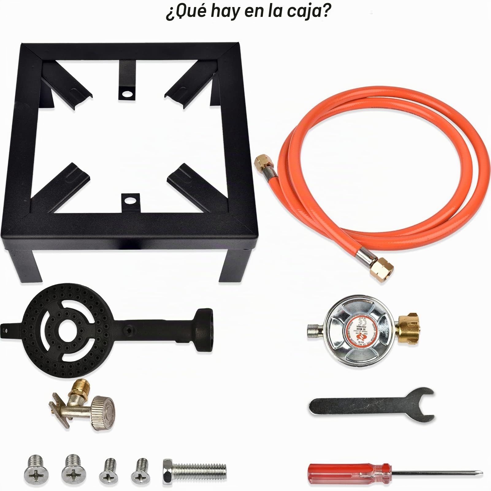 Hornillo de gas portátil para camping, 4 patas, 6 kW, incluye manguera de 1,5 m y reductor de presión de 50 bares para exteriores, camping
