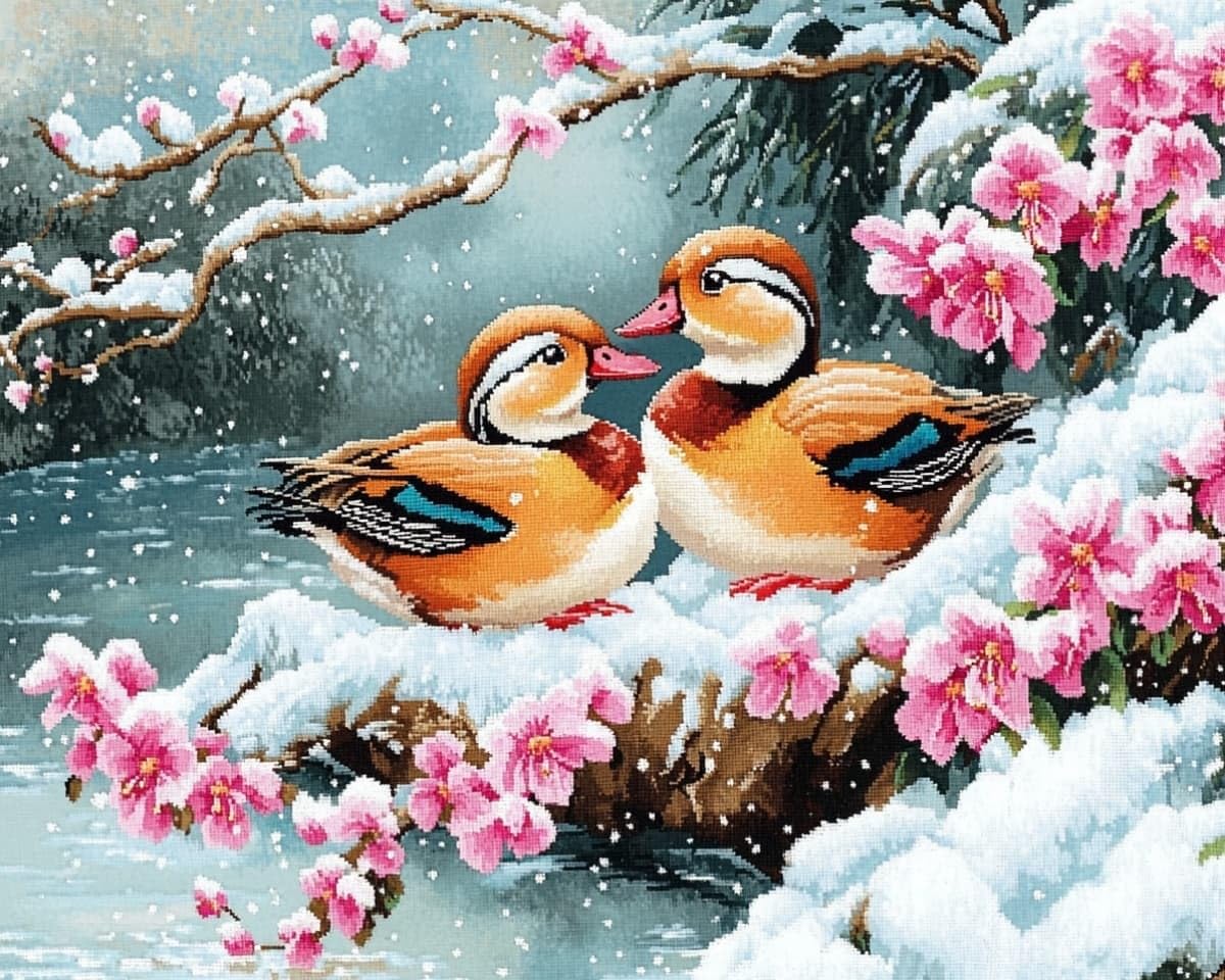 AxiangziK Cross Stitch DIY Craft Embroidery Kit,Ducks and Flowers in the Snow Unique Handmade Gift Idea for Birthday Housewarming Valentine Day,16x20in Pre Printed Easy Needlework Starter Kit