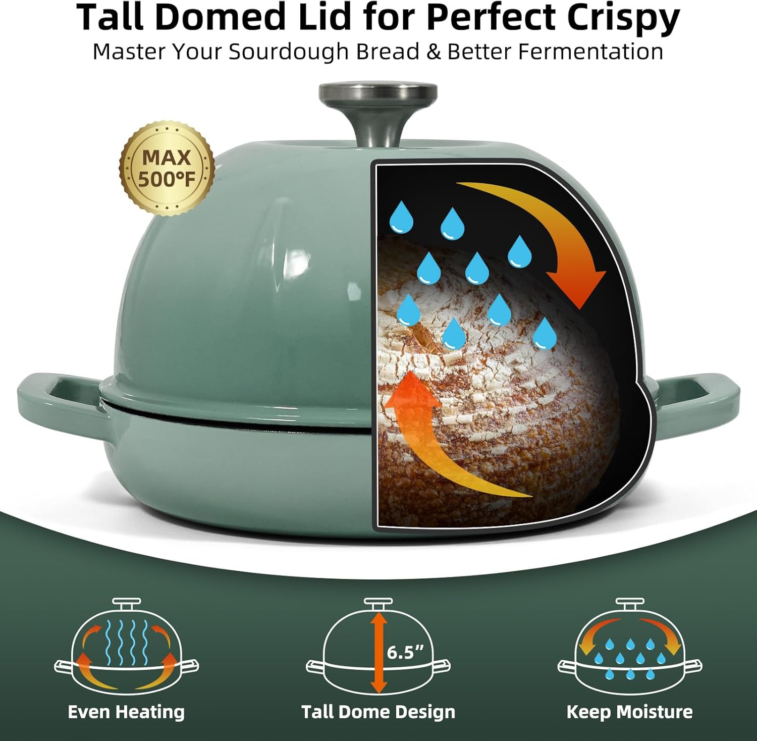 Davivy 5QT Enameled Cast Iron Dutch Oven Pot, Round Sourdough Dutch Oven, Bread Cloche for Sourdough Bread Pan with Domed Lid - Light Green