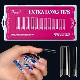 Ranrose 120PCS Extra Long C Curve Nail Tips XXL Long Square Half Matte Soft Gel False Nails 12 Sizes Clear Straight Tapered Square Nail Tips Press on Nails with Box