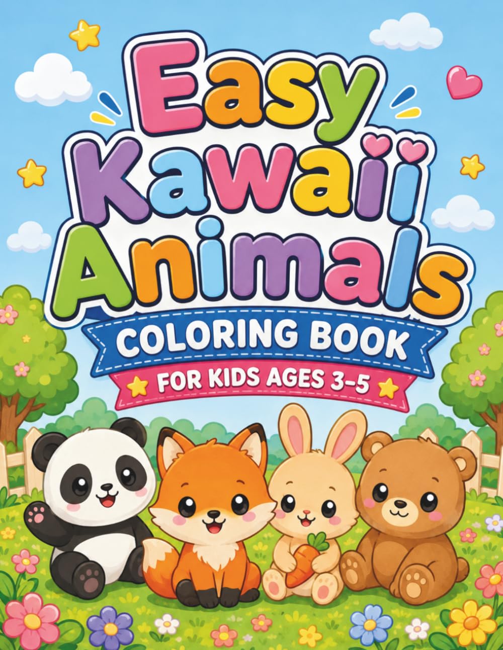 Easy Kawaii Animals Coloring Book for Kids Ages 3–5: Cute and Simple Big-Eyed Animal Coloring Pages for Toddlers and Preschoolers