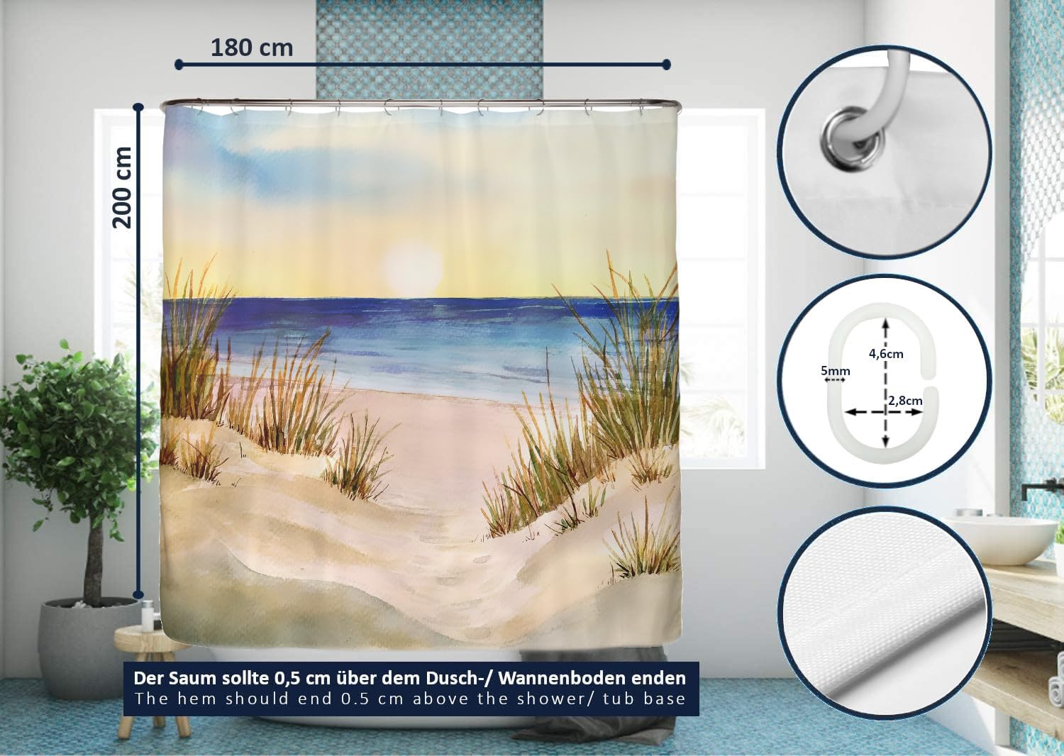 Tenda Doccia Antimuffa Con Farfalle 120x200 Cm – Tessuto Riciclato, Impermeabile, Orlo Zavorrato, Lavabile A 40°C, Con 8 Ganci E E-book