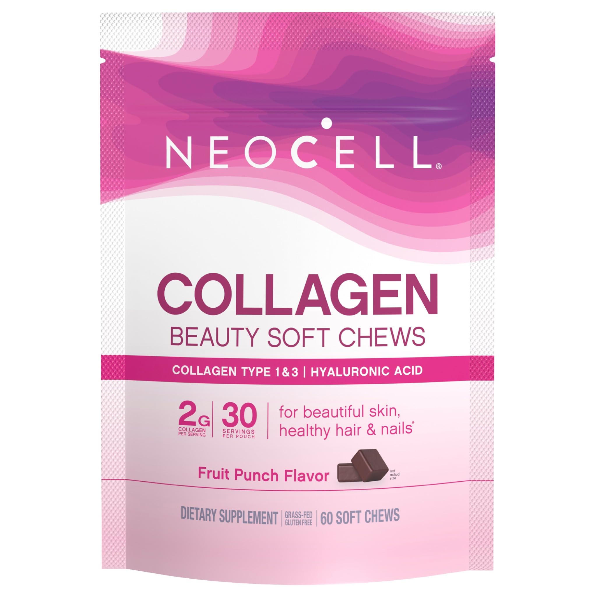 NeoCell Collagen Beauty Soft Chews with Vitamin C and Hyaluronic Acid, For Hair, Skin and Nail Health, Fruit Punch, Soft Chews, 60 Count, 1 Bag
