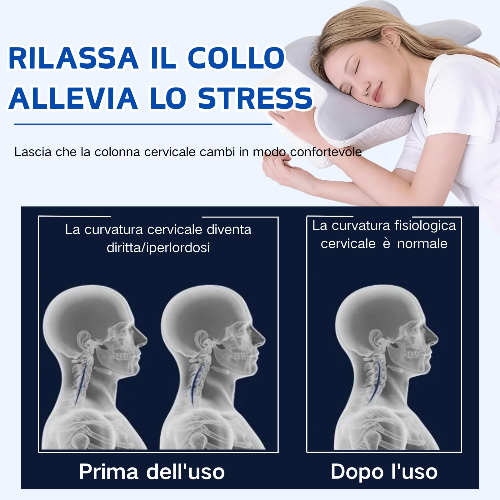 Cuscino Cervicale Per Dormire, Cuscino Ergonomico In Memory Foam, Adatto Per Chi Dorme Su Lati, Supini o Prono, Copriletto Rimovibile e Lavabile(62 * 41 * 12cm) (Blu)
