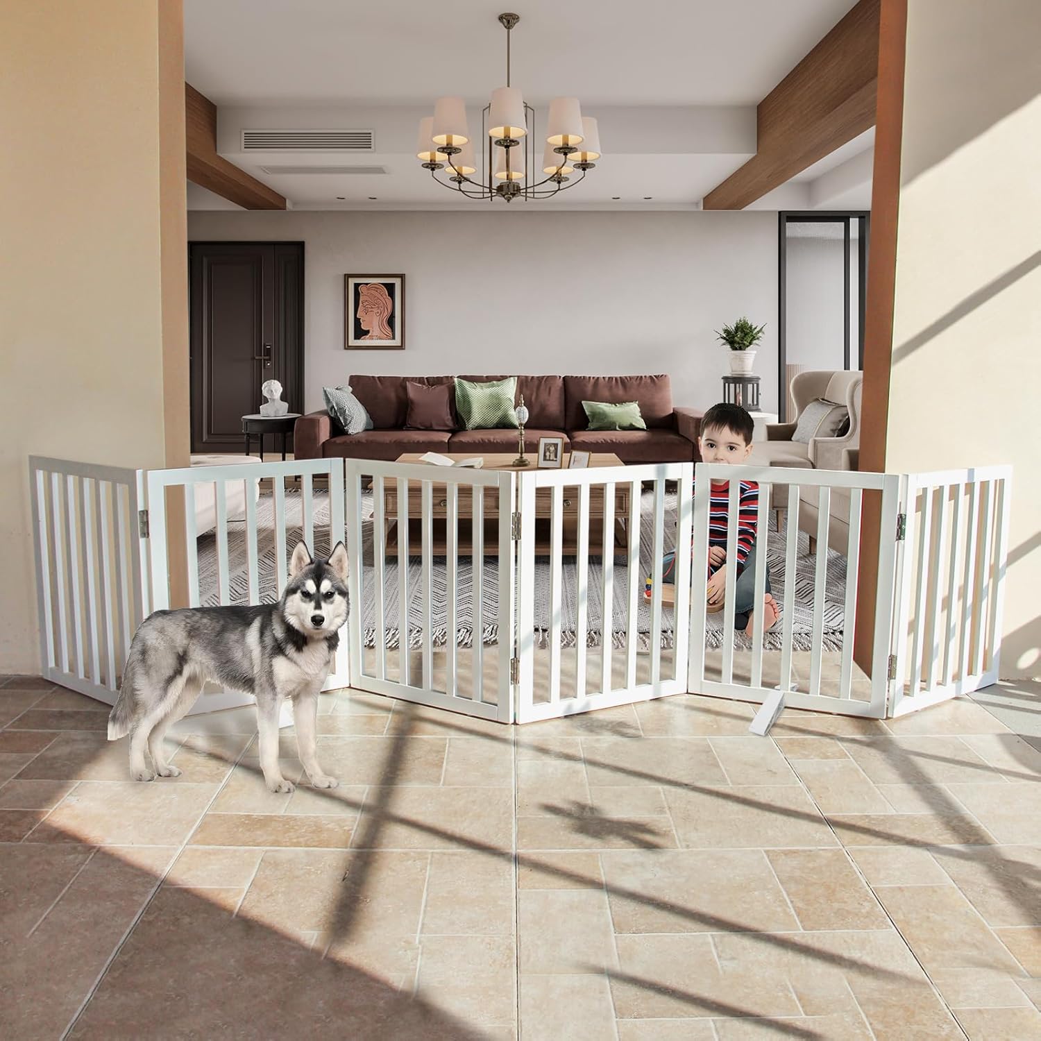 Photo 1 of  Dog Gate Indoor, Freestanding Dog Fence for The House, Doorways, Hallways,or Stairs,Pet Gate Foldable Wooden,Expandable 24" Height 6 Panels,White 