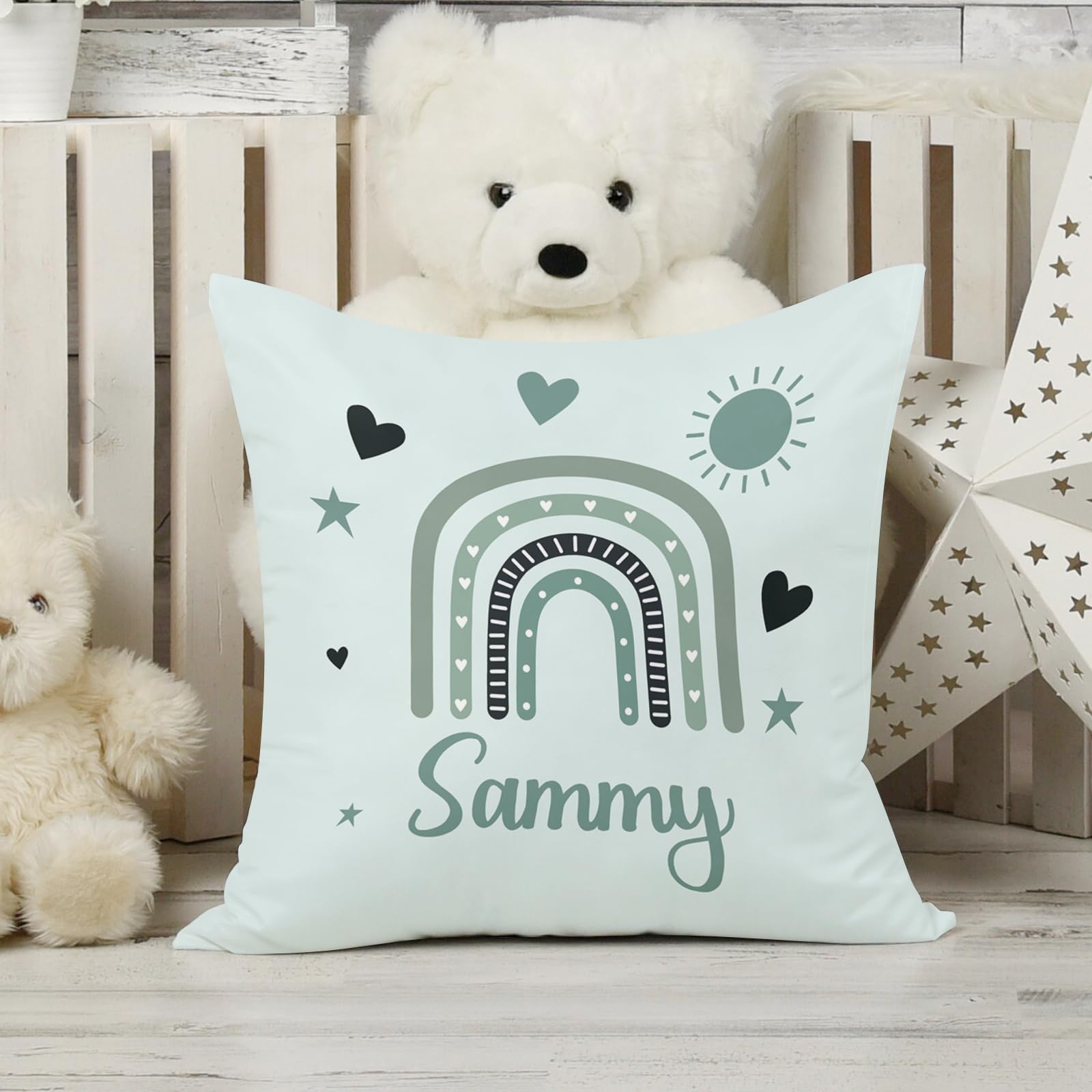 Individuelles Babybett-Bettwäsche-Set, 5-teilig, Regenbogen-Designs, personalisierte Namensdecke mit gepunkteter Rückseite, Kinderbettlaken, Wickelunterlage, Kissenbezug, Teppich für Neugeborene, Grün