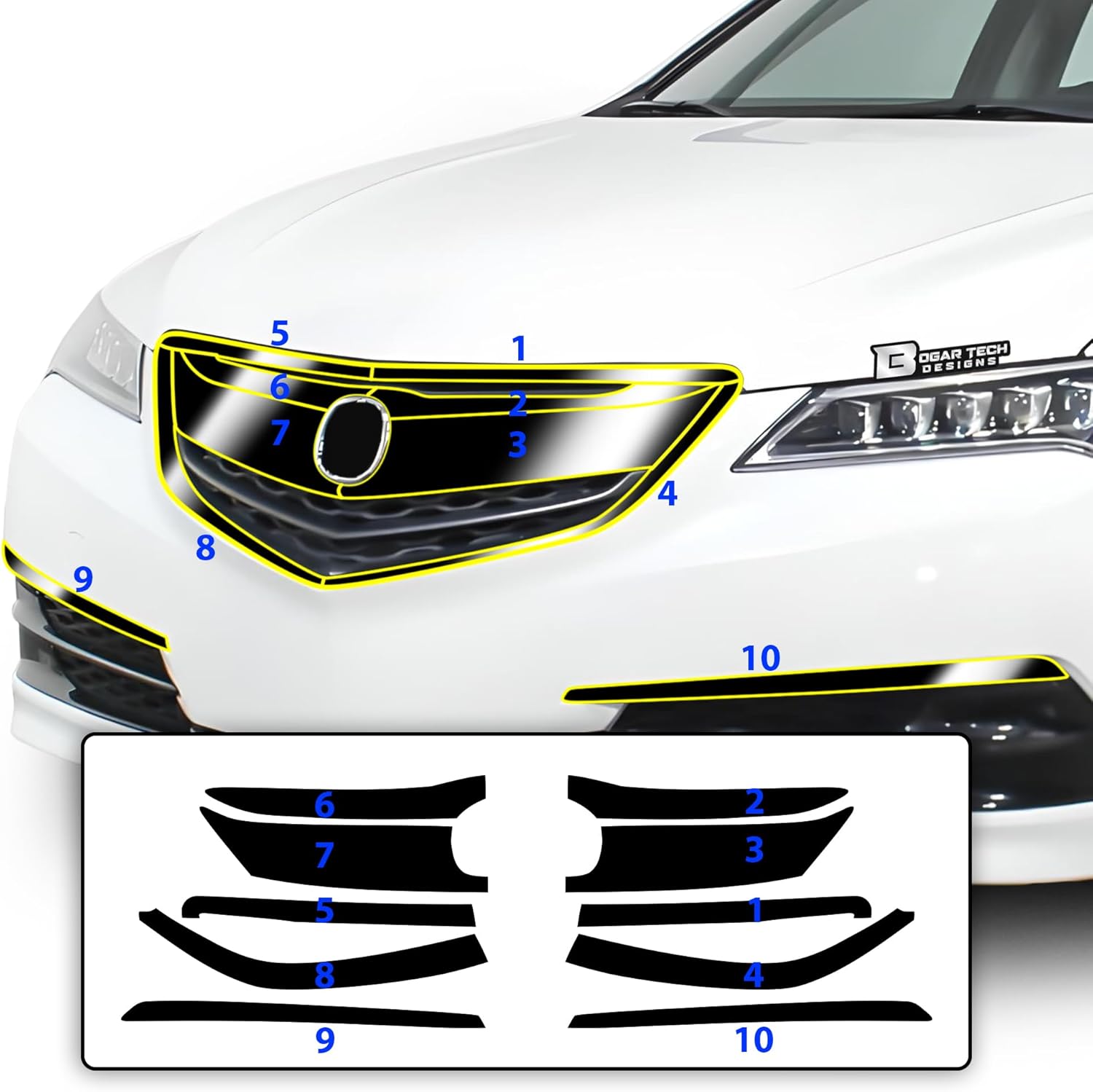 BOGAR TECH DESIGNS for Acura TLX 2015-2017 Front Grille Chrome Delete – Precut Vinyl Overlay Kit, Gloss Black Blackout Trim