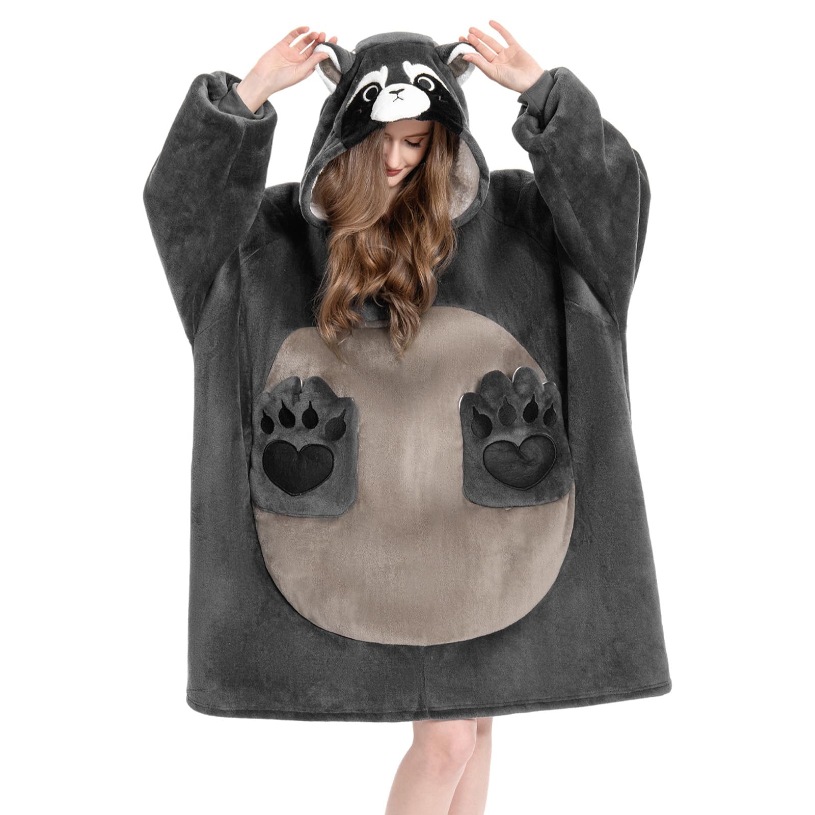 OLAOLA Waschbär Decken-Hoodie Unisex, Oversized Sherpa Kuscheldecke