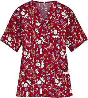 HKUOPW Womens Nurses Christmas Scrubs Uniform Healthcare Santa Printed Scrubs Tops Hospital Working Uniforms Doctors Short Sleeve Snowman Nurse Workwear with Pockets