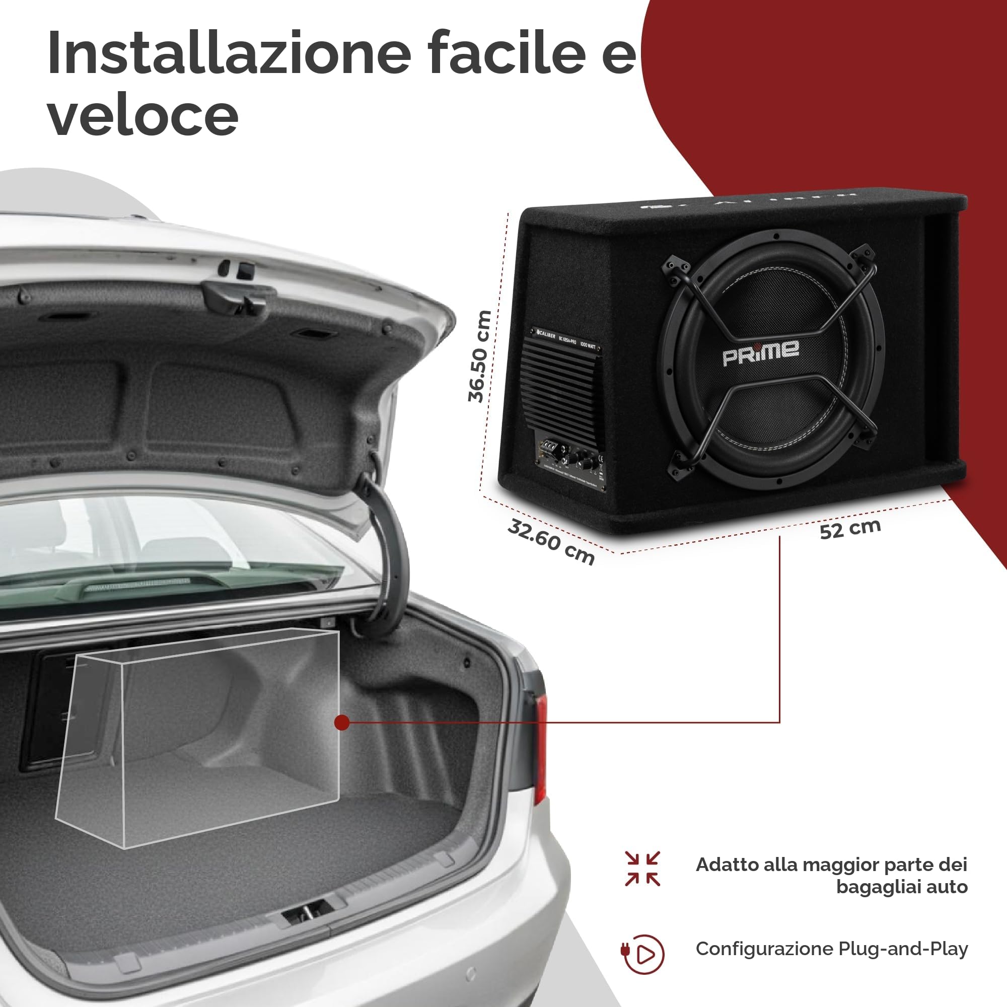 Caliber BC112SA-PRO - Set subwoofer attivo per auto, con amplificatore da 12", 500 W RMS, potenza di picco 1000 W, set di altoparlanti attivi per auto, colore: nero
