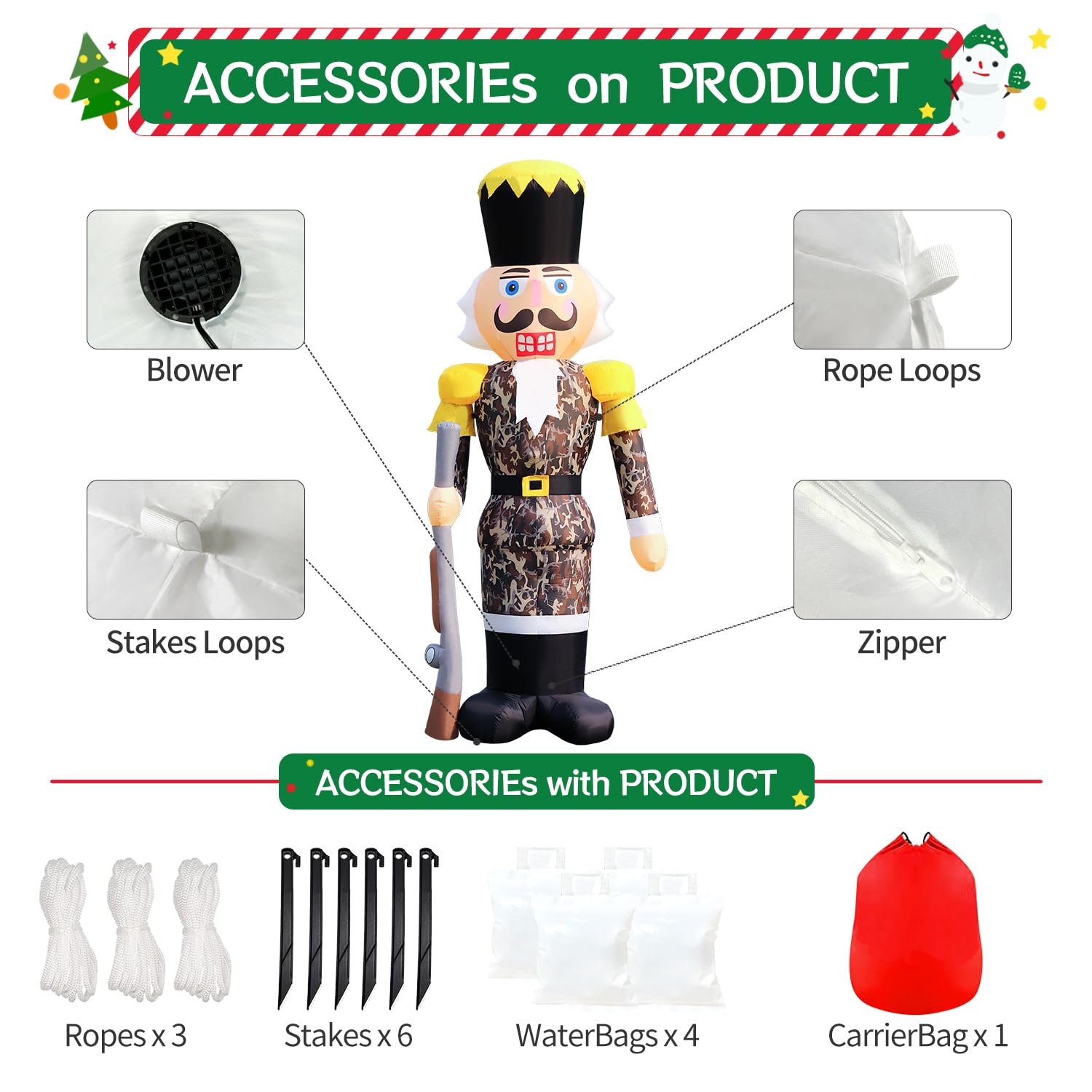 DomKom 12FT Giant Pink Christmas Inflatable Nutcracker Soldier with Candy Cane Built-in LED Lights Inflatable Decorations - Waterproof Outdoor/Indoor Blow Up Holiday Yard Decor: Camo Nutcracker