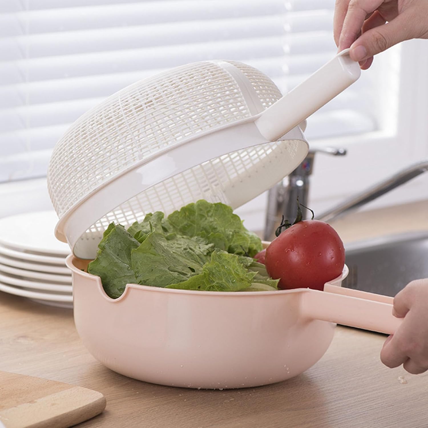 Double Layer Rice Wash Basket 2 in 1 Kitchen Strainer Bowl Drain Basket with Handle Fruit Vegetable Colander for Washing Mixing Kitchen Strainer Bowl Set, Beige