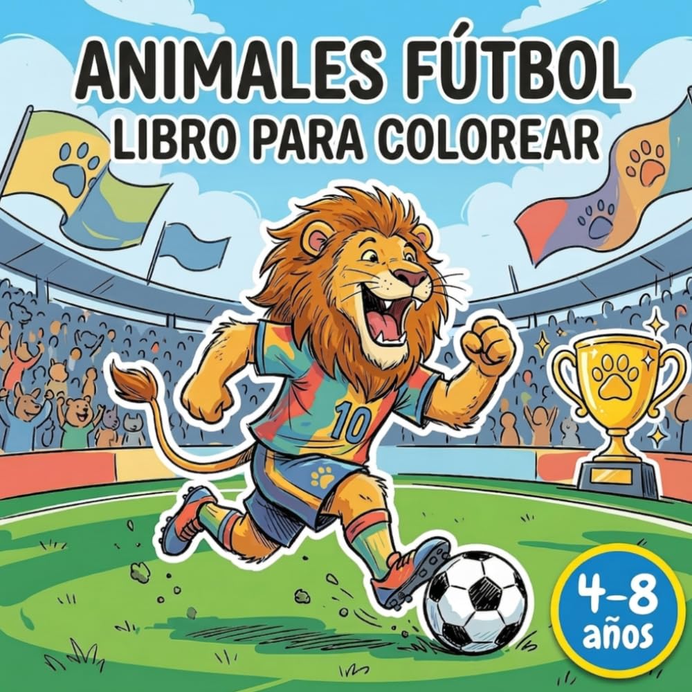 Animales Fútbol Libro para Colorear: 50 imágenes divertidas de animales jugando al fútbol y animando para niños y niñas de 4 a 8 años.