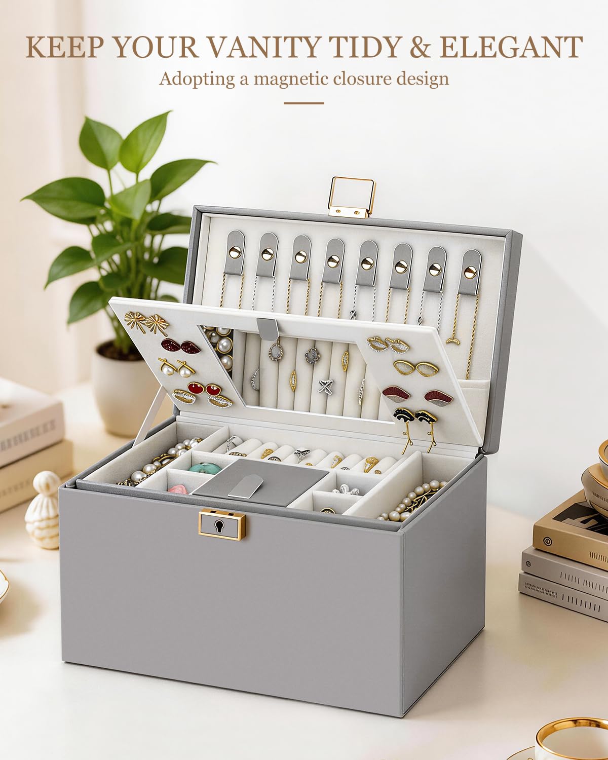 DesignSter Joyero con 2 cajones, organizador de joyas con cerradura de 3 capas con espejo, estuche grande de cuero para guardar joyas, pendientes, collares, anillos, pulseras, color gris