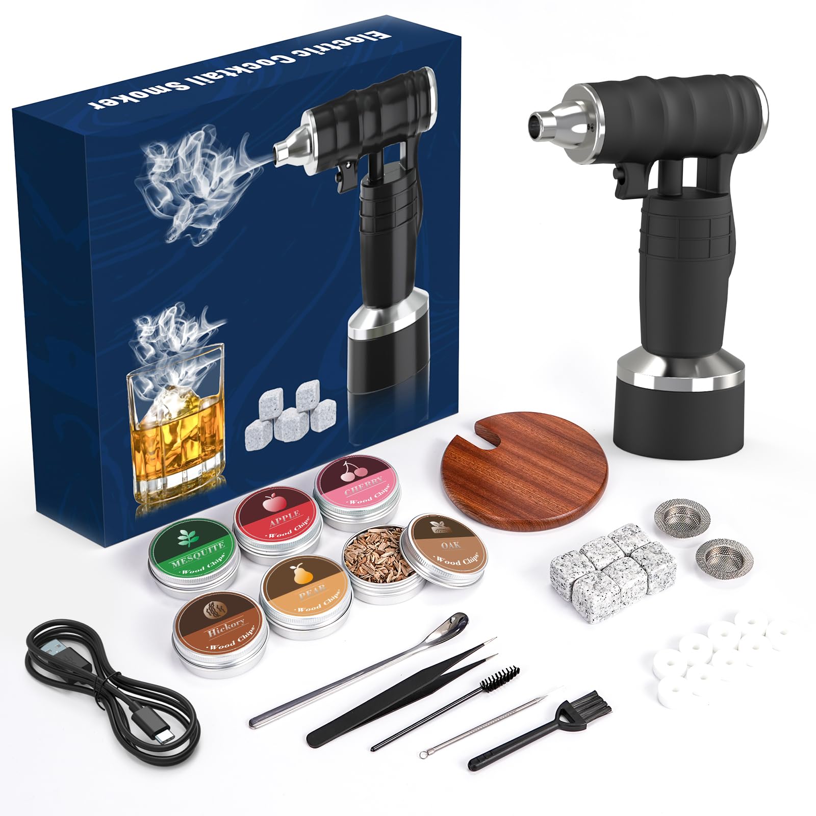 Whiskey Smoker Electric Set Bourbon Gifts for Men Old Fashioned Smoker Drink With 6 Wood Chips and 6 Whiskey Stones. Food and Cocktail Smoked, Kitchen Bar Tools Cool Christmas Father's Day Gift Black