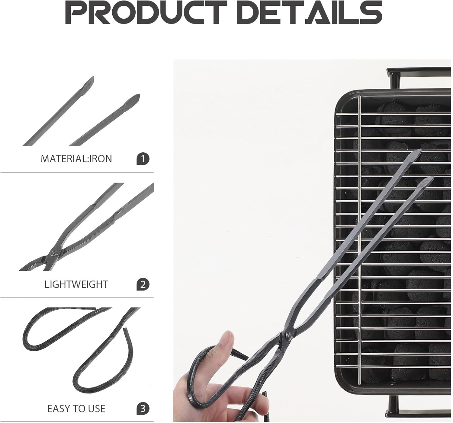 Extended Fire Pit Tongs Charcoal Clip for Camping and Home Fireplace, Medium Size Black Iron Firewood Clamp with Flat Head, Outdoor Bbq Barbecue Tool for Charcoal Handling and