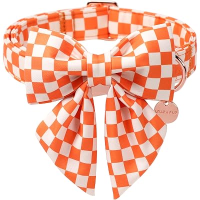 Fall Dog Collar with Bow Tie, Orange Plaid Bowtie Dog Collar, Autumn Bowtie Collars for Puppy Boy Girl Dogs, Comfortable Cotton Dogs Collars with Metal Buckle