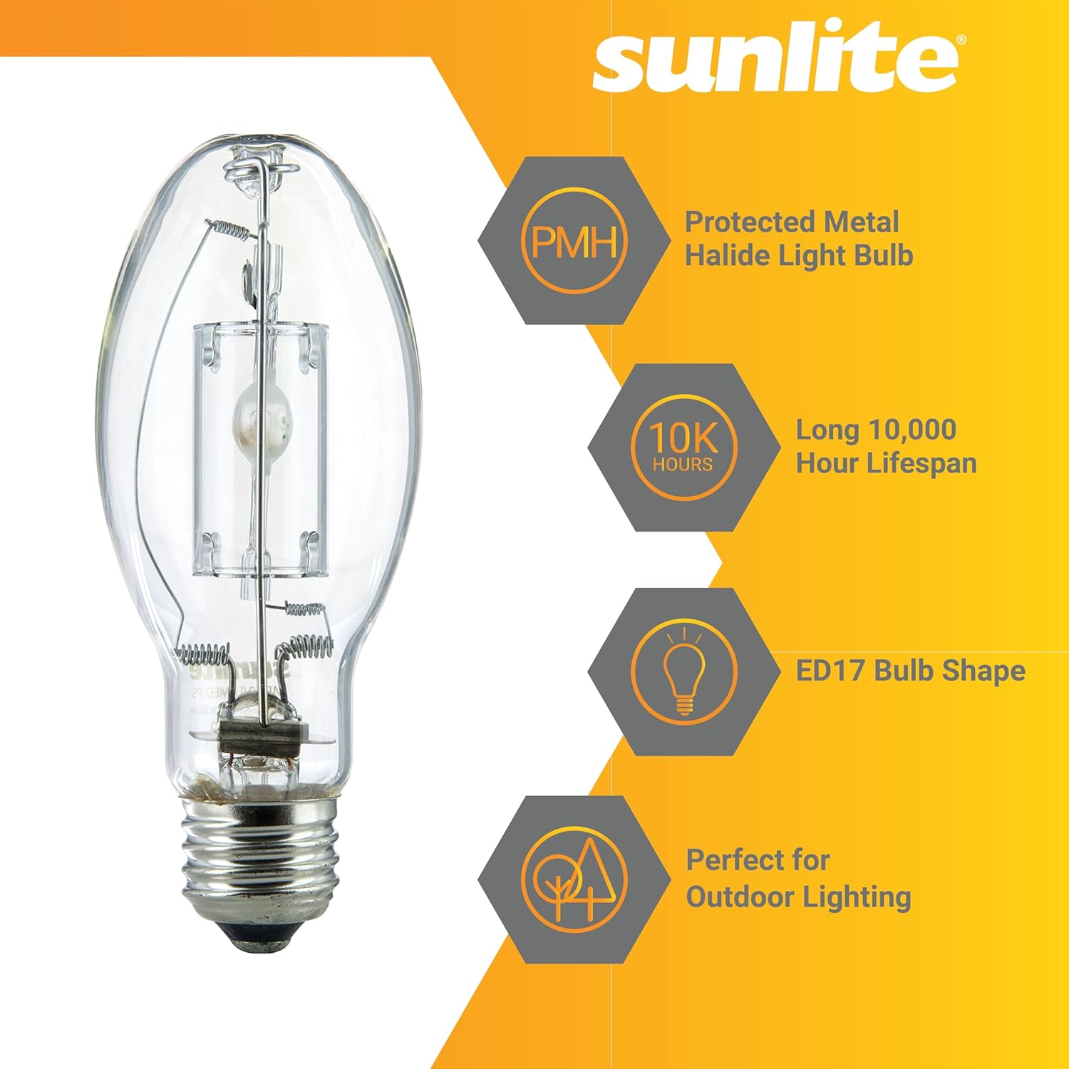 Sunlite 03637-SU MH50/U/MED M110 Metal Halide Lamp, 50 Watts, Pulse Start, Medium Base (E26), ED17, 10,000 Hours Life, 3400 Lumen, Clear Finish, 4000K