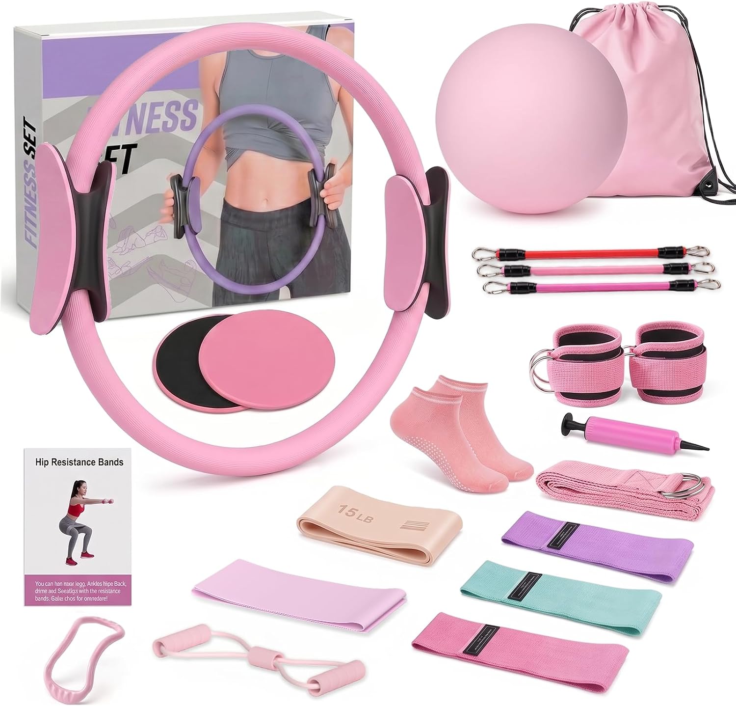 Pilates Kit for Women, 18PCS Home Equipment Essentials | 9-inch Pilates rings and balls, Elastic bands, Foot covers, Stretch bands, Beginner set