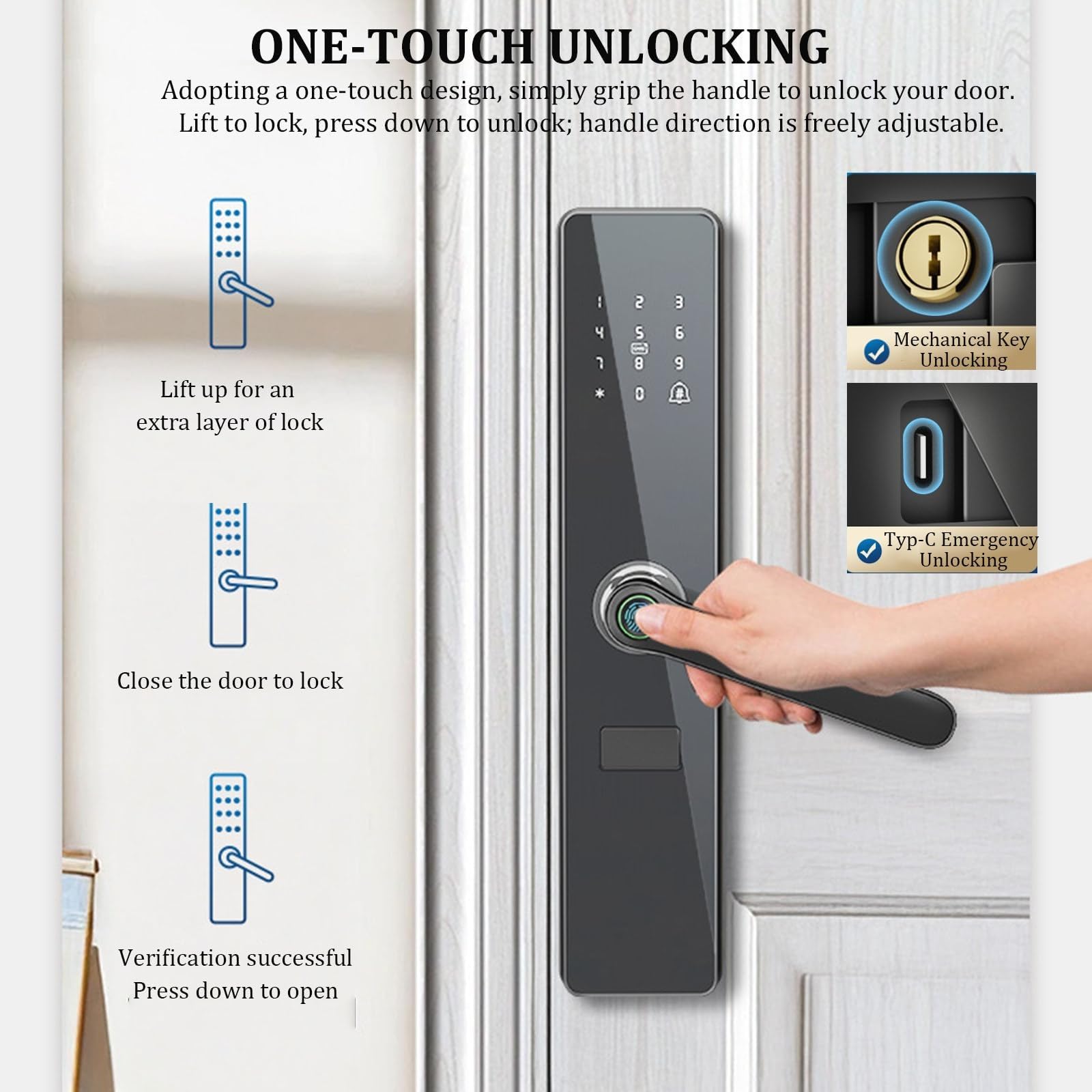 Serratura Per Porta D'ingresso Senza Chiave Con Maniglia, Controllo Tramite APP TTLock - Serratura Di Sicurezza Intelligente Con Impronta Digitale Per Porta D'ingresso, Facile Installazione