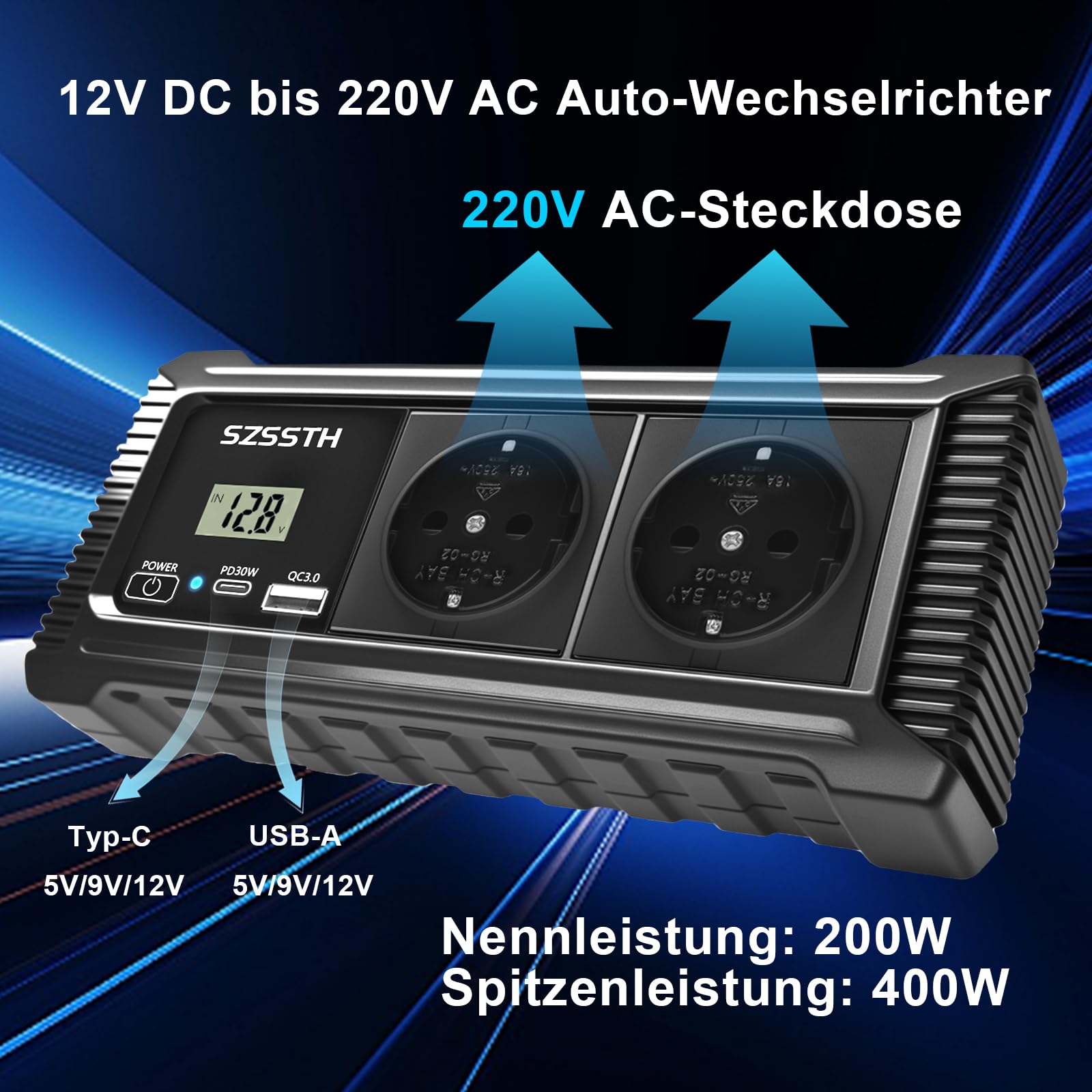 200W Auto Wechselrichter 12v auf 230v Spannungswandler mit PD USB-C und USB-A Anschluss, Auto Steckdose Inverter 12V 220V für Campen Reisen Handys Laptop Pad Und Mehr