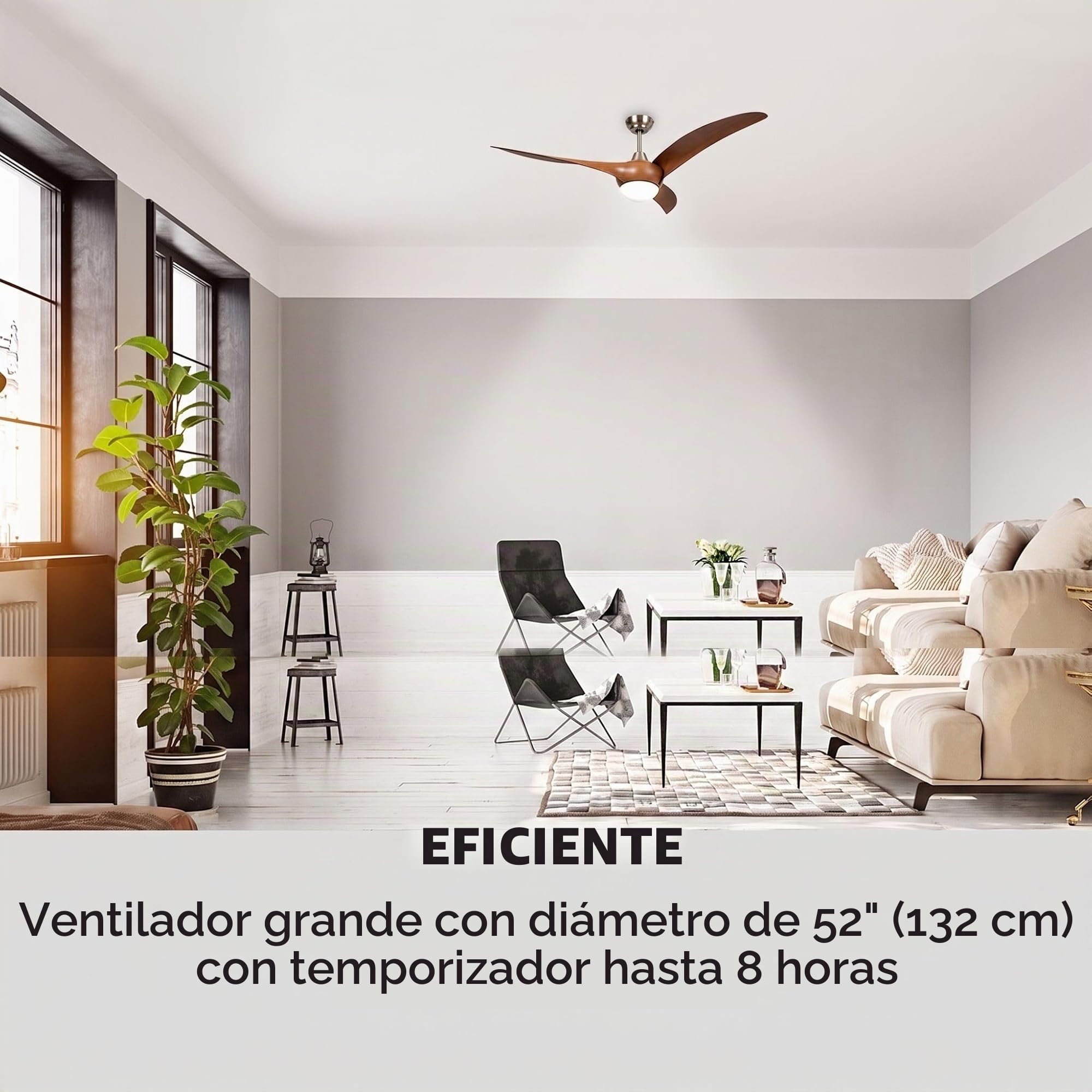 KLARSTEIN Monteverde ventilador de techo, 2 en 1: Ventilador y lámpara de techo, 52" (132 cm) de diámetro, 3 aspas de plástico, caudal: 8.376 m³/h, programable, Nogal