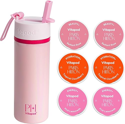 Vitapod Paris Hilton x Daily Wellness System - Botella de agua nacarada de 22 onzas en That's Hot Pink y 6 cápsulas de mezcla de bebidas, incluye