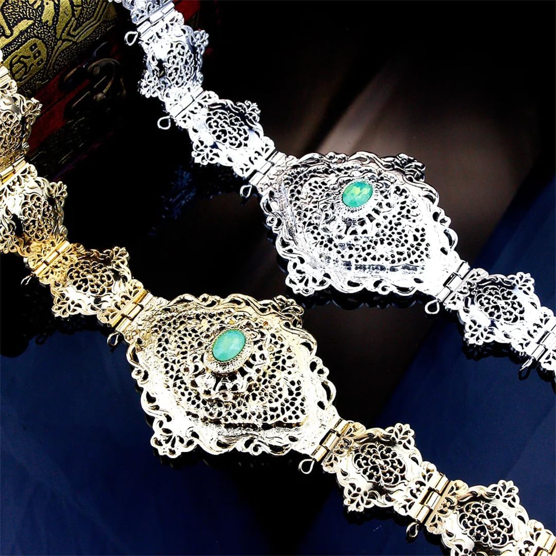 Women’S Gold Morocco Caftan Belt With EN8 Crystal Adjustable Metal Waist Chain For Arabic Bride