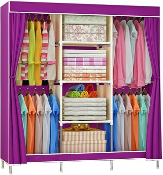 Fabric Wardrobe Portable Wardrobe Shelves Clothes Closet Storage Organizer with Hanging Rail, Shelves, Fabric Cover for Bedroom, Living Room,Purple-129x45x177cm