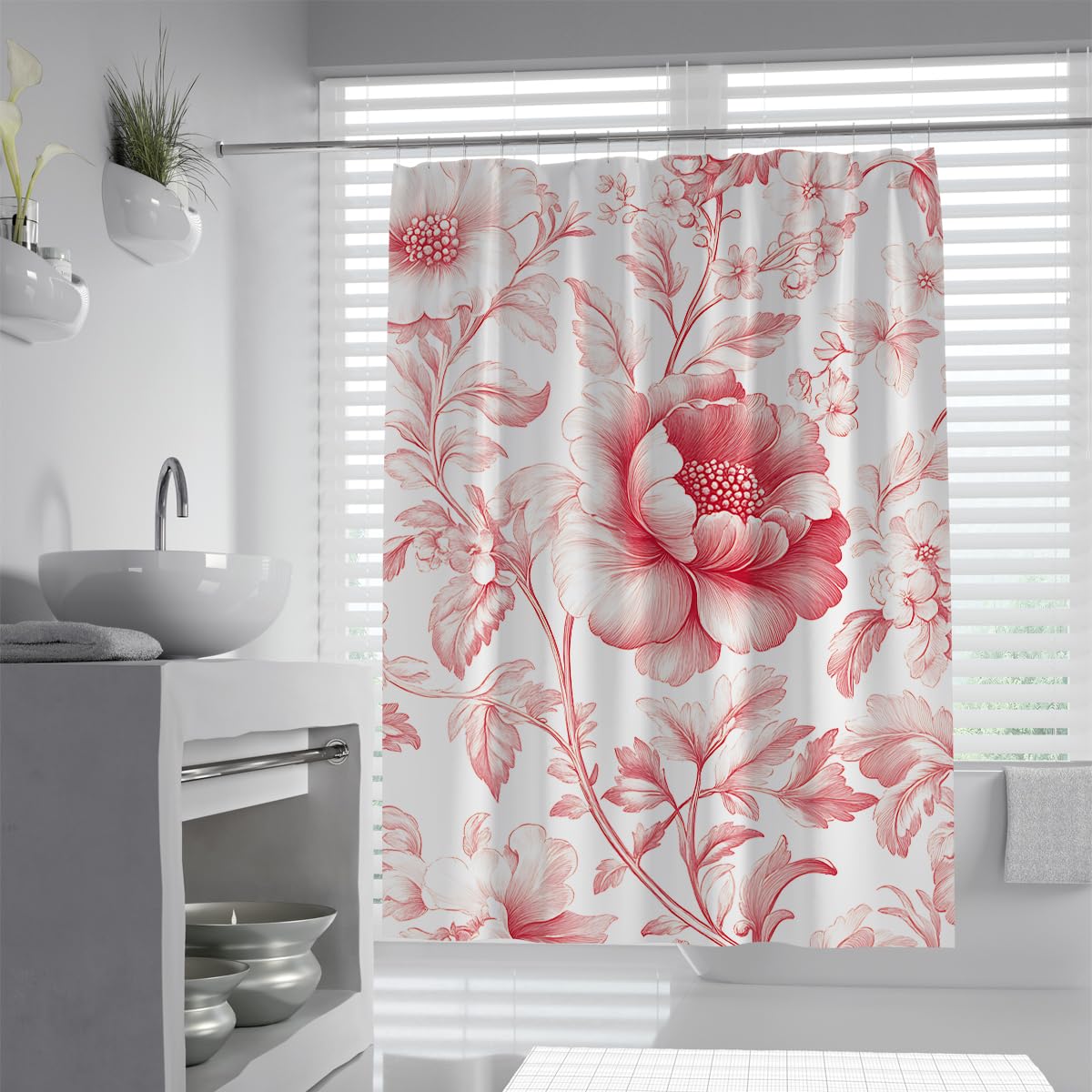 UERWOWELL French Country Style Shower Curtain for Bathroom Peony Blossom Vine Scrolling Leaf Fabric Bath Curtain Vintage Elegant Home Decor Waterproof W200xL200 cm
