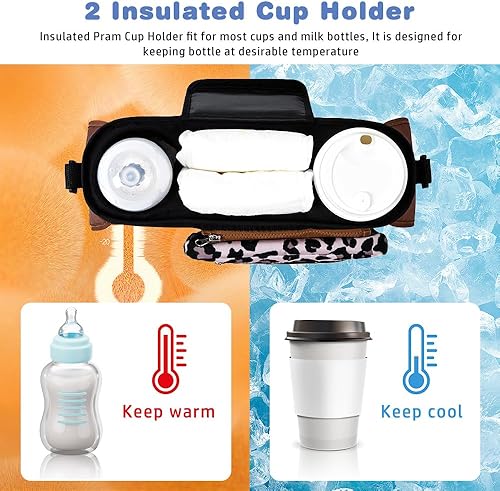 Miniatura 5 de Organizador de cochecito de bebé, organizador universal para cochecito con bolsa de teléfono desmontable, carrito de cochecito con 2 portavasos