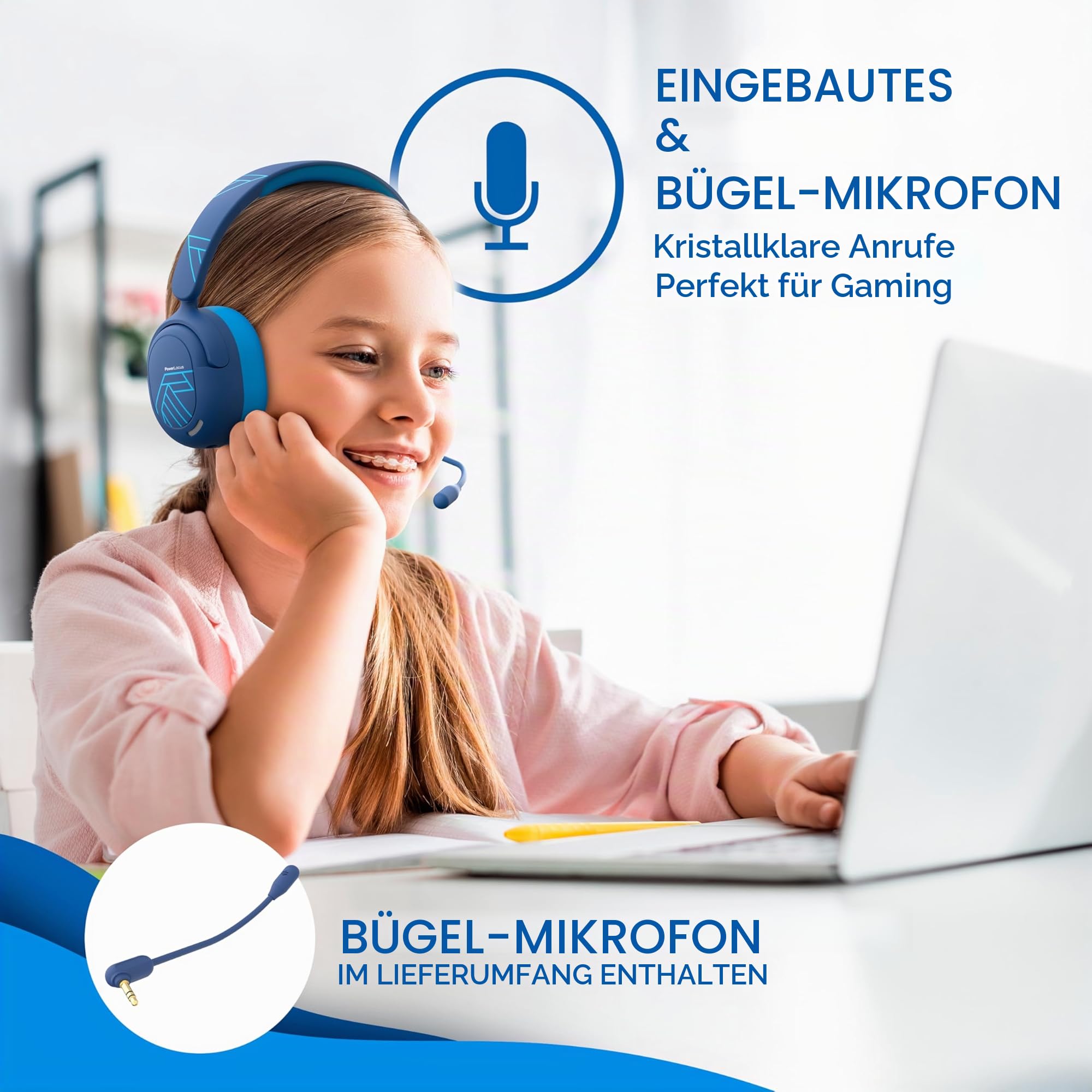 PowerLocus Bluetooth Kopfhörer Kinder, Aktive Geräuschunterdrückung, 70H Spielzeit, 74/85/94dB Sichere Lautstärke, Kinder Kopfhörer mit Boom Mikrofon, Kabellos und Kabel Kinderkopfhörer mit Tasche