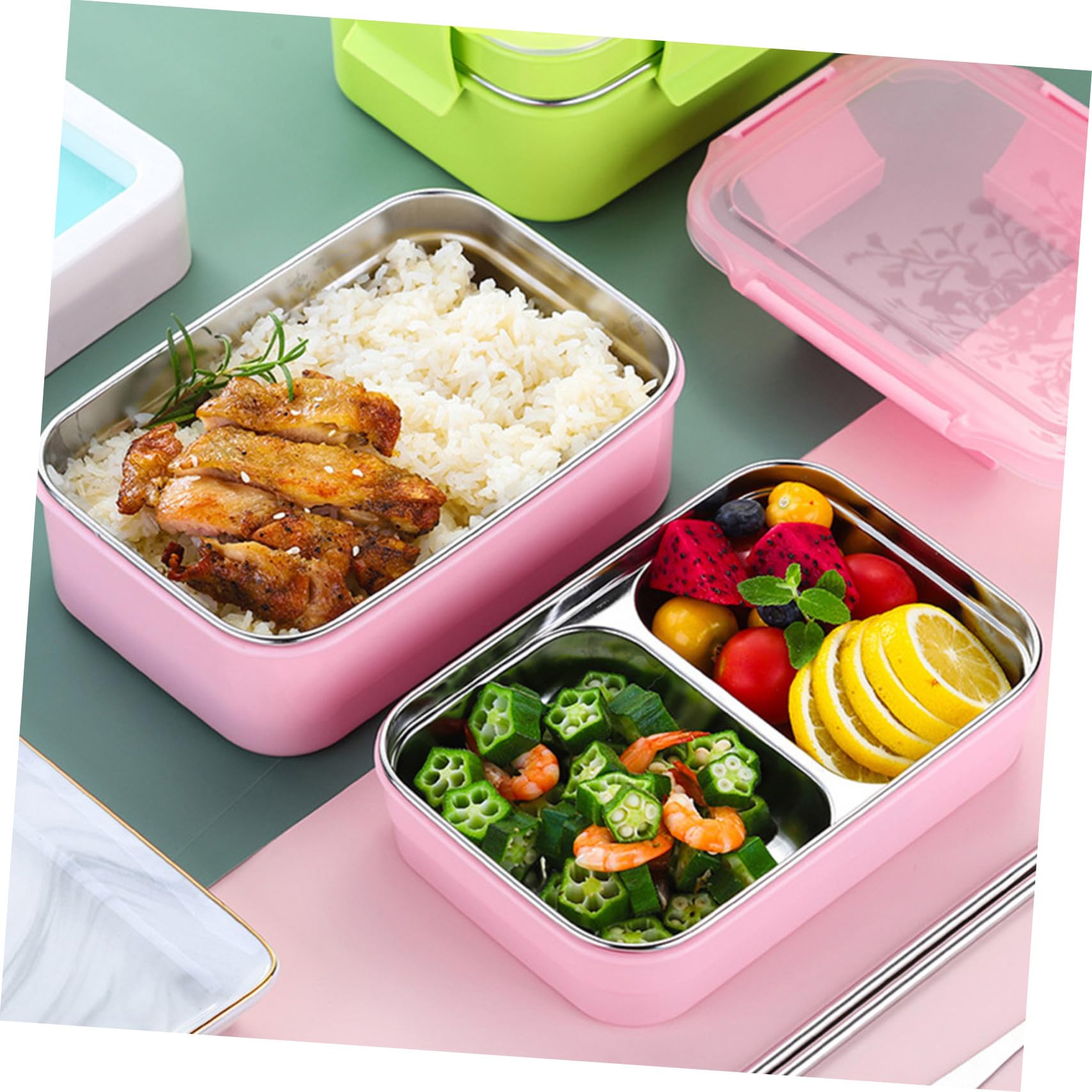 Hohopeti Caja de Almuerzo Isotérmica de Acero Inoxidable Doble con Compartimentos Divididos Kit Portátil para Oficina y Estudiantes Incluye Cubiertos y Bolsa Rosa Cierre Hermético