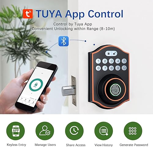 Miniatura 5 de Cerradura inteligente de puerta de huellas dactilares sin llave con control de aplicación, teclado antimirada, bloqueo automático, IP65 resistente a