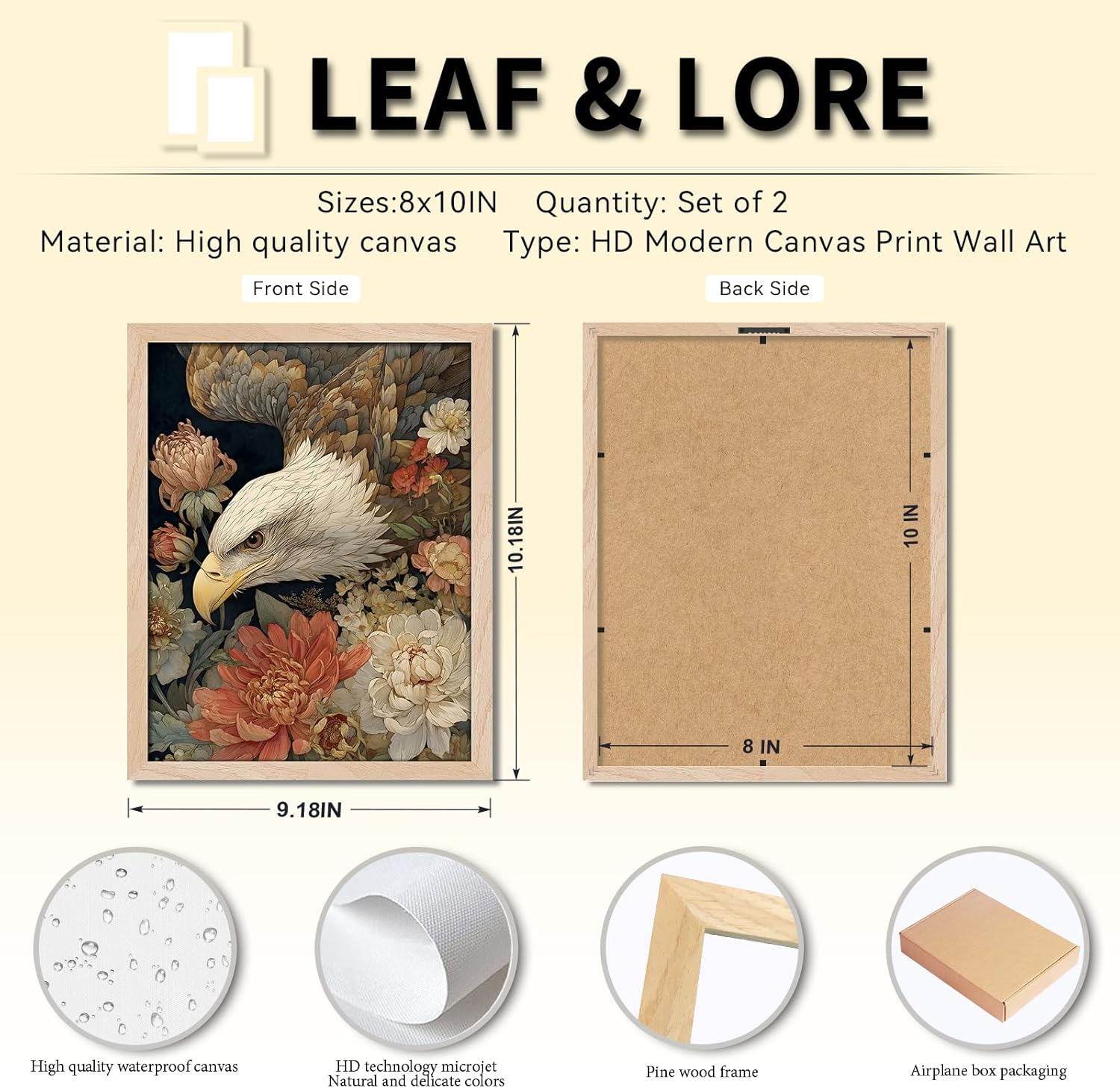 Leaf&Lore Framed Bald Eagle Wall Art Canvas Print, Vintage Botanical Wildlife Artwork with Solid Wood Frame & Acrylic Cover, Classic Animal Wall Decor for Living Room, Office, Study8X10IN