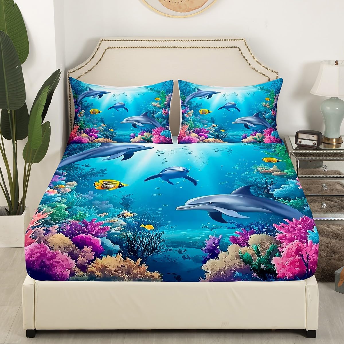 Erosebridal Dolphin Fitted Sheet Full Size,3D Fish Bedding Sets Colorful Coral Reef Bed Sheets Nautical Sea Animal Aquarium Bedding Decor Set Underwater World Marine Life Bedroom Decor