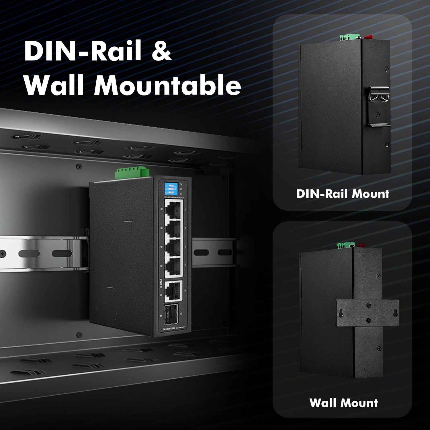 MokerLink Switch PoE Industrial Din Rail Gigabit a 6 porte, 4 porte PoE da 100/1000 Mbps, IEEE802.3af/at PoE+, 1 Gigabit uplink, 1 Gigabit SFP, metallo DIN Rail e montaggio a parete switch Ethernet