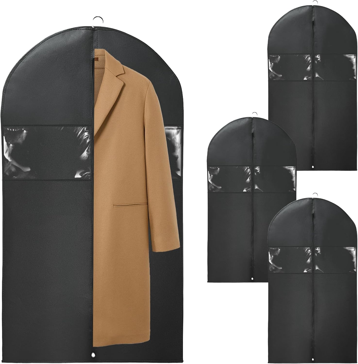 4 Pcs Black Portable Men's Business Travel Suit Bags，Waterproof Sturdy Hanging Clothes Pockets for Closet Storage, Business Travel, Clothes, Shirts(43.3x23.6 inch)