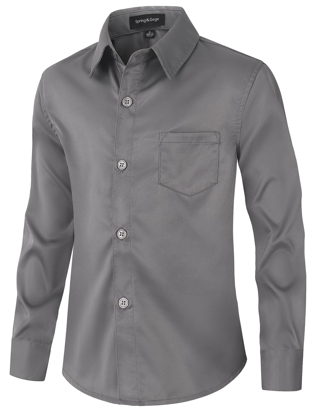 Spring&Gege Camisa de vestir de satén de manga larga para niños, sin arrugas, lisa, formal, con botones
